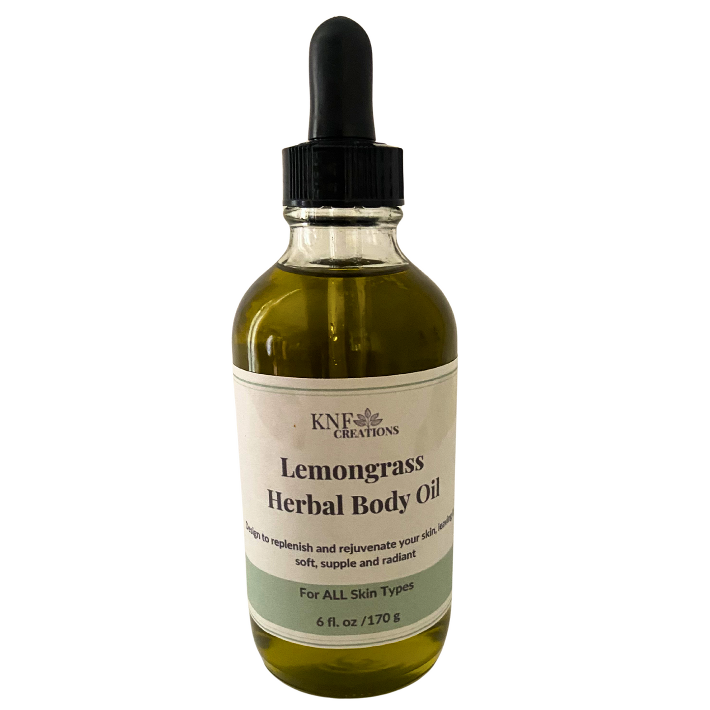 Bottle of Lemongrass Herbal Body Oil with dropper on a white background