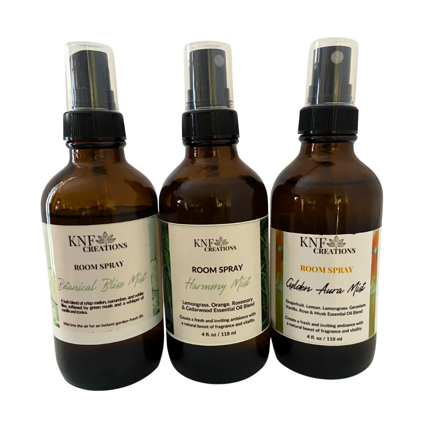 Three bottles of KNF Creations room spray on a white background